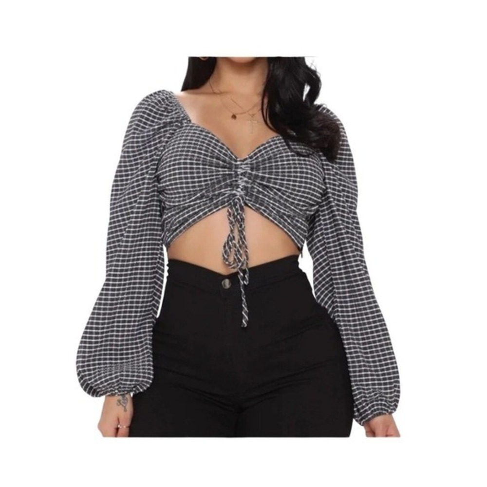 Juniper Blue Cropped Puff-Sleeve Blouse‎ Black White Textured Knit M